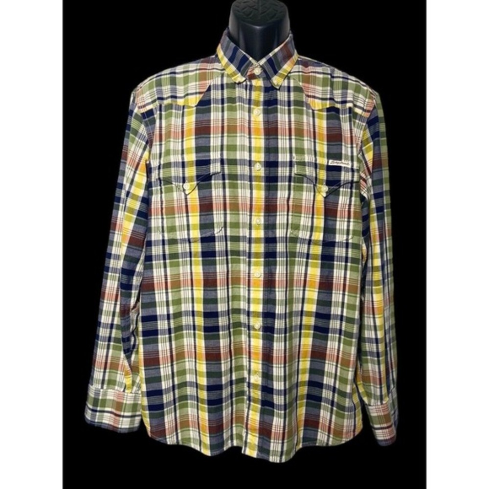 LuckyBrand Sportswear Blue Green Red Yellow Plaid Button Up Long Sleeve Sz Large